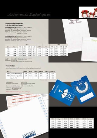 DIN A4                                                                              DIN A5

EDV-Nr.        Farbe          100       200            500        1.000          EDV-Nr.         Farbe        100           200              500     1.000

01058         1-farbig       2,86 €    1,86 €       1,21 €        1,00 €         01062          1-farbig     2,50 €        1,50 €       0,86 €      0,71 €

01059         2-farbig       3,86 €    2,29 €       1,43 €        1,07 €         01063          2-farbig     3,50 €        2,00 €       1,07 €      0,79 €

01060         3-farbig       4,71 €    2,79 €       1,57 €        1,14 €         01064          3-farbig     3,86 €        2,14€        1,14 €      0,86 €

01061         4-farbig       4,71 €    2,79 €       1,57 €        1,14 €         01065          4-farbig     3,86 €        2,14 €       1,14 €      0,86 €




EDV-Nr.                                  300 Stk.      500 Stk.     1.000 Stk.     2.000 Stk.   5.000 Stk.   10.000 Stk.

01052     neutral o. Werbeanbringung      0,23           0,21          0,20          0,19          0,17         0,16

01053     Werbeanbr. 1-fbg., schwarz      0,64           0,43          0,26          0,17          0,10         0,09

          je weitere Farbe                    -              -             -           -           0,10         0,09




                                                                                                               EDV-Nr.            Auflage          100 Stk.   250 Stk.   500 Stk.   1.000 Stk.   per weitere 1

                                                                                                                01054             1-farbig         5,77 €     4,01 €     3,44 €      3,17 €         3,29 €

                                                                                                                01055             2-farbig         6,19 €     4,19 €     3,53 €      3,20 €         3,29 €

                                                                                                                01056             3-farbig         6,84 €     4,46 €     3,67 €      3,30 €         3,29 €

                                                                                                                01057             4-farbig         6,84 €     4,46 €     3,67 €      3,30 €         3,29 €
 