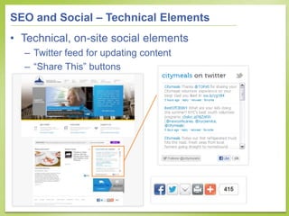 SEO and Social – Technical Elements
• Technical, on-site social elements
  – Twitter feed for updating content
  – “Share ...