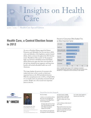 Insights on Health
                             Care
July 2012   Vol. No. 1   Health Care Special Edition




Health Care, a Central Election Issue
in 2012
                             As soon as President Obama signed the Patient
                             Protection and Affordable Care Act into law in 2010,
                             critics and defenders of the legislation started a heated
                             debate, which continues throughout the 2012 election
                             season. Republicans like to point out the program’s
                             high cost and how it will likely increase the federal
                             deficit; Democrats argue that short-term benefits of
                             the law have already become apparent, and long-term
                             benefits will include affordable health care to all
                             Americans.


                             The image displays the percent of consumers who
                             ranked each issue as first, second, or third most
                             important factor in the 2012 presidential election.
                             With the unemployment rate at 8.2% as of April 2012,
                             it’s no wonder voters are primarily concerned with job
                             creation. Health care is the second most important
                             factor on the list.




                                                                 Personal Note from Steve Stanganelli
                                                                 My Core Values                       and value having a reliable        Let’s make a plan together to
                                                                                                      second opinion or need help        improve your bottom line.
                                                                 I strive to run my practice and my   getting on track, then I look
                                                                 life on the core principles best     forward to being a part of your
                                                                 summed up in Don Miguel Ruiz's       team.
                                                                 The Four Agreements:
                                                                                                      I want to help you make sense of
                                                                   Be Impeccable with Your Word       your money.
                                                                   Don't Take Anything Personally
                             Steve Stanganelli, MSF, CFP®          Don't Make Assumptions             Please call me and we can set up
                             Fee Only Planner & Tax Coach
                                                                   Always Do Your Best                a time for a no pressure chat to
                             steve@clearviewwealthadvisors.com                                        explore the ways that we may be
                             978-388-0020                        If you are like me and appreciate    able to work together.
                             www.ClearViewWealthAdvisors.com     this approach to life and business
 