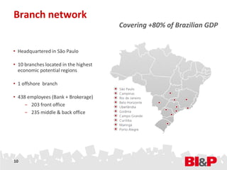 Branch network
                                       Covering +80% of Brazilian GDP


• Headquartered in São Paulo

• 10 branches located in the highest
  economic potential regions

• 1 offshore branch

• 438 employees (Bank + Brokerage)
     − 203 front office
     − 235 middle & back office




10
 