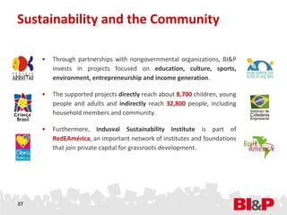 Sustainability and the Community

     •   Through partnerships with nongovernmental organizations, BI&P
         invests in projects focused on education, culture, sports,
         environment, entrepreneurship and income generation.

     •   The supported projects directly reach about 8,700 children, young
         people and adults and indirectly reach 32,800 people, including
         household members and community.

     •   Furthermore, Indusval Sustainability Institute is part of
         RedEAmérica, an important network of institutes and foundations
         that join private capital for grassroots development.




37
 