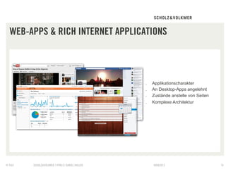 WEB-APPS & RICH INTERNET APPLICATIONS



                                                 .    Applikationscharakter
                                                 .    An Desktop-Apps angelehnt
                                                 .    Zustände anstelle von Seiten
                                                 .    Komplexe Architektur




© S&V   SCHOLZ&VOLKMER | HTML5 | DANIEL HALLER        09082012                       10
 