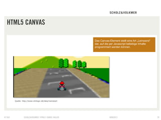 HTML5 CANVAS

                                                          Das Canvas-Element stellt eine Art „Leinwand“
                                                          dar, auf die per Javascript beliebige Inhalte
                                                          programmiert werden können.




        Quelle: http://www.nihilogic.dk/labs/mariokart




© S&V            SCHOLZ&VOLKMER | HTML5 | DANIEL HALLER              09082012                             29
 