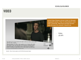 VIDEO

                                                             Audio/Video-Dateien können direkt im Browser
                                                             abgespielt werden, Flash ist (theoretisch) nicht
                                                             mehr notwendig. Allerdings benötigt beinahe
                                                             jeder Browser ein anderes Videoformat.




                                                                           .    Video
                                                                           .    JS-API




        Quelle: http://www.apple.com/html5/showcase/video/




© S&V              SCHOLZ&VOLKMER | HTML5 | DANIEL HALLER                09082012                               35
 
