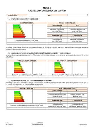 ANEXO II
CALIFICACIÓN ENERGÉTICA DEL EDIFICIO
Zona climática
1.

Uso

CALIFICACIÓN ENERGÉTICA DEL EDIFICIO
INDICADOR GLOBAL

INDICADORES PARCIALES
CALEFACCIÓN
ACS
Emisiones calefacción
2
[kgCO2/m ·año]
REFRIGERACIÓN

ILUMINACIÓN

Emisiones ACS
2
[kgCO2/m ·año]

2

Emisiones globales [kgCO2/m ·año]

Emisiones refrigeración
2
[kgCO2/m ·año]

Emisiones iluminación
2
[kgCO2/m ·año]

La calificación global del edificio se expresa en términos de dióxido de carbono liberado a la atmósfera como consecuencia del
consumo energético del mismo.
2. CALIFICACIÓN PARCIAL DE LA DEMANDA ENERGÉTICA DE CALEFACCIÓN Y REFRIGERACIÓN
La demanda energética de calefacción y refrigeración es la energía necesaria para mantener las condiciones internas de confort
del edificio.
DEMANDA DE CALEFACCIÓN

DEMANDA DE REFRIGERACIÓN

2

Demanda global de calefacción [kWh/m ·año]

2

Demanda global de refrigeración [kWh/m ·año]

3. CALIFICACIÓN PARCIAL DEL CONSUMO DE ENERGÍA PRIMARIA
Por energía primara se entiende la energía consumida por el edificio procedente de fuentes renovables y no renovables que no
ha sufrido ningún proceso de conversión o transformación.
INDICADOR GLOBAL

INDICADORES PARCIALES
CALEFACCIÓN
ACS
Energía primaria calefacción
2
[kWh/m ·año]
REFRIGERACIÓN
2

Consumo global de energía primaria [kWh/m ·año]

Fecha
Ref. Catastral

XX/XX/XXXX
XXXXXXXXXXXXXXXXX

Energía primaria ACS
2
[kWh/m ·año]
ILUMINACIÓN

Energía primaria
2
refrigeración [kWh/m ·año]

Energía primaria
2
iluminación [kWh/m ·año]

Página X de X

 