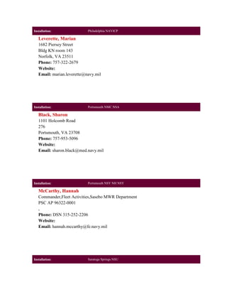 Installation:               Philadelphia NAVICP

   Leverette, Marian
   1682 Piersey Street
   Bldg KN room 143
   Norfolk, VA 23511
   Phone: 757-322-2679
   Website:
   Email: marian.leverette@navy.mil




Installation:               Portsmouth NMC NSA

   Black, Sharon
   1101 Holcomb Road
   276
   Portsmouth, VA 23708
   Phone: 757-953-5096
   Website:
   Email: sharon.black@med.navy.mil




Installation:               Portsmouth NSY NH NSY

   McCarthy, Hannah
   Commander,Fleet Activities,Sasebo MWR Department
   PSC AP 96322-0001
   ,
   Phone: DSN 315-252-2206
   Website:
   Email: hannah.mccarthy@fe.navy.mil




Installation:               Saratoga Springs NSU
 