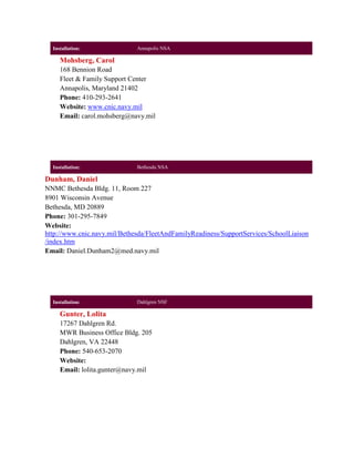 Installation:               Annapolis NSA

     Mohsberg, Carol
     168 Bennion Road
     Fleet & Family Support Center
     Annapolis, Maryland 21402
     Phone: 410-293-2641
     Website: www.cnic.navy.mil
     Email: carol.mohsberg@navy.mil




  Installation:               Bethesda NSA

Dunham, Daniel
NNMC Bethesda Bldg. 11, Room 227
8901 Wisconsin Avenue
Bethesda, MD 20889
Phone: 301-295-7849
Website:
http://www.cnic.navy.mil/Bethesda/FleetAndFamilyReadiness/SupportServices/SchoolLiaison
/index.htm
Email: Daniel.Dunham2@med.navy.mil




  Installation:               Dahlgren NSF

     Gunter, Lolita
     17267 Dahlgren Rd.
     MWR Business Office Bldg. 205
     Dahlgren, VA 22448
     Phone: 540-653-2070
     Website:
     Email: lolita.gunter@navy.mil
 