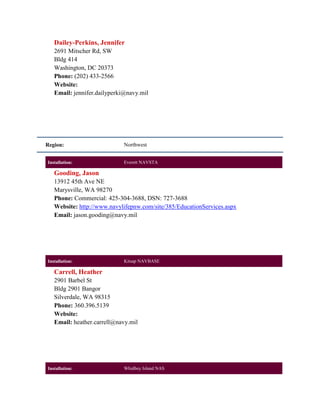 Dailey-Perkins, Jennifer
   2691 Mitscher Rd, SW
   Bldg 414
   Washington, DC 20373
   Phone: (202) 433-2566
   Website:
   Email: jennifer.dailyperki@navy.mil




Region:                     Northwest


Installation:               Everett NAVSTA

   Gooding, Jason
   13912 45th Ave NE
   Marysville, WA 98270
   Phone: Commercial: 425-304-3688, DSN: 727-3688
   Website: http://www.navylifepnw.com/site/385/EducationServices.aspx
   Email: jason.gooding@navy.mil




Installation:               Kitsap NAVBASE

   Carrell, Heather
   2901 Barbel St
   Bldg 2901 Bangor
   Silverdale, WA 98315
   Phone: 360.396.5139
   Website:
   Email: heather.carrell@navy.mil




Installation:               Whidbey Island NAS
 
