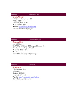 Installation:                Fort Worth JRB NAS

   Arnett, Michael
   1510 Chennault Ave. Room 122
   PO Box 27129
   Fort Worth, Texas 76127
   Phone: 817.782.1873
   Website: www.cnicnavy.mil/fortworth
   Email: michael.b.arnett@navy.mil




Installation:                Guantanamo Bay NAVSTA

   Dickson, Chris
   PSC 1005 Box 11
   Rm 4A Bldg 763 Chapel Hill Complex 1 Sherman Ave
   FPO (Guantanamo Bay), AE 09593
   Phone: 011-5399-84616
   Website:
   Email: Chris.Dickson@usnbgtmo.navy.mil




Installation:                Gulfport CBC

   Byrd, Kevin
   1706 Bainbridge Ave.
   Building 352
   Gulfport, MS 39501
   Phone: 228-871-2117
   Website: https://www.cnic.navy.mil/gulfport
   Email: kevin.r.byrd@navy.mil
 