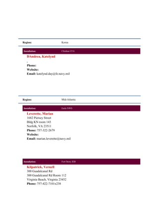 Region:                      Korea


Installation:                Chinhae CFA

   DAndrea, Katelynd
   ,
   Phone:
   Website:
   Email: katelynd.day@fe.navy.mil




Region:                      Mid-Atlantic


Installation:                Earle NWS

   Leverette, Marian
   1682 Piersey Street
   Bldg KN room 143
   Norfolk, VA 23511
   Phone: 757-322-2679
   Website:
   Email: marian.leverette@navy.mil




Installation:                Fort Story JEB

   Kilpatrick, Vernell
   300 Guadalcanal Rd
   300 Guadalcanal Rd Room 112
   Virginia Beach, Virginia 23452
   Phone: 757-422-7101x238
 