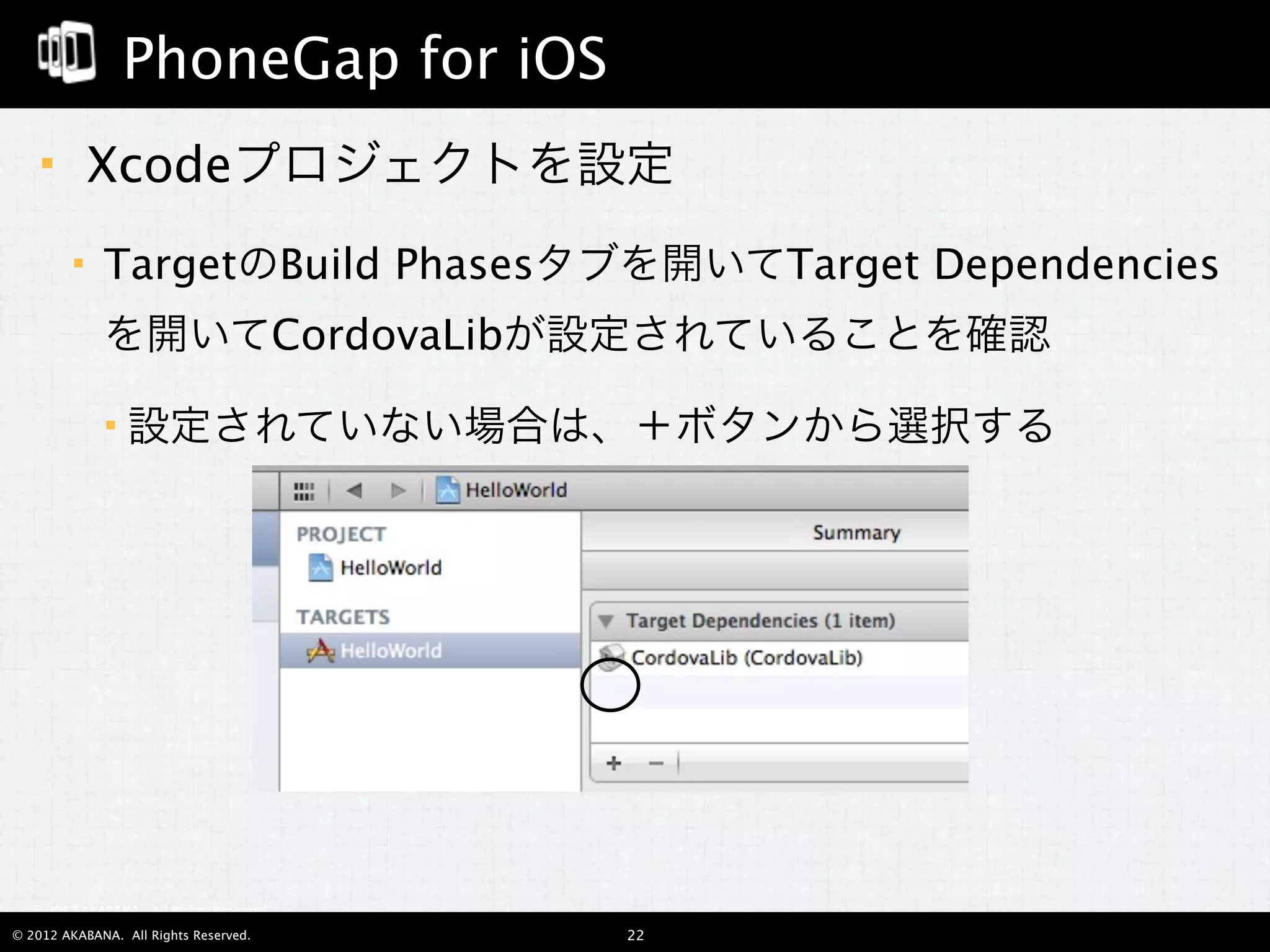 PhoneGap for iOS
        Xcodeプロジェクトを設定
            TargetのBuild Phasesタブを開いてTarget Dependencies
             を開いてCordovaLibが設定されていることを確認

                設定されていない場合は、＋ボタンから選択する




  © 2012 AKABANA. All Rights Reserved.

© 2012 AKABANA. All Rights Reserved.     22
 