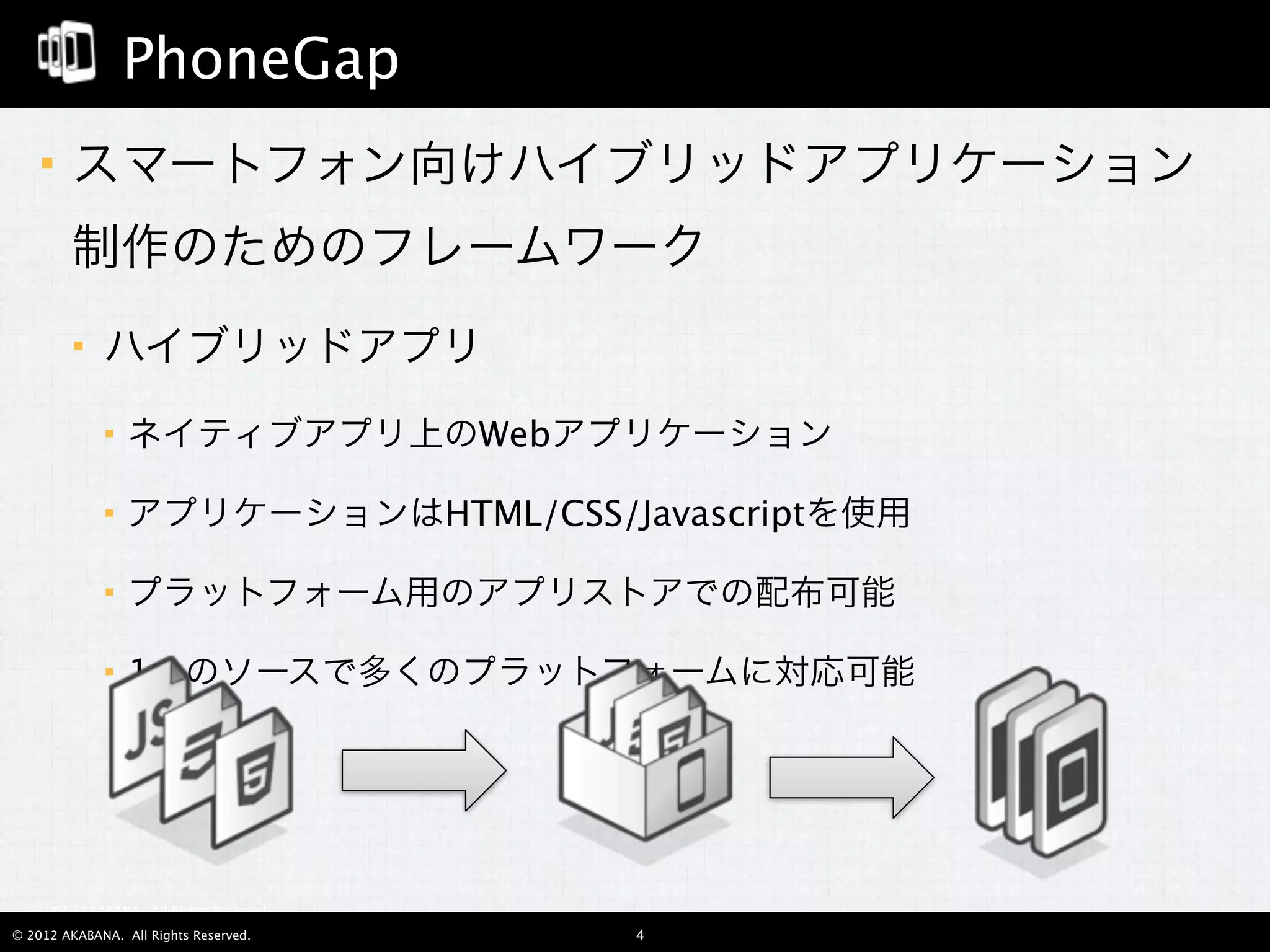 PhoneGap
       スマートフォン向けハイブリッドアプリケーション
        制作のためのフレームワーク
            ハイブリッドアプリ
                ネイティブアプリ上のWebアプリケーション

                アプリケーションはHTML/CSS/Javascriptを使用

                プラットフォーム用のアプリストアでの配布可能

                1つのソースで多くのプラットフォームに対応可能




  © 2012 AKABANA. All Rights Reserved.

© 2012 AKABANA. All Rights Reserved.     4
 