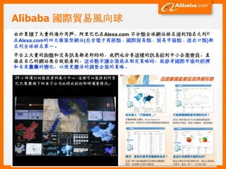 Alibaba 國際貿易風向球
由於累積了大量的海外用戶，阿里巴巴在Alexa.com 不分類全球網站排名達到70名之列註
在Alexa.com的四大專業型網站(包含電子商務類、國際貿易類、貿易市場類、進出口類)都
名列全球排名第一。
平台上大量的詢盤和交易訊息都是即時的，我們也分享這樣的訊息給到中小企業會員，直
接在自己的網站後台就能看到，這些數字讓企業能在制定策略時，能參考國際市場的經濟
和自身產業的變化，以便更靈活的調整企業的策略。
 