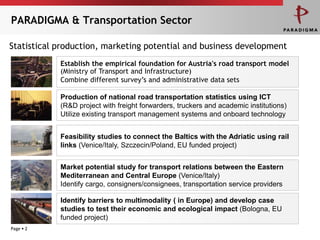 PARADIGMA & Transportation Sector

Statistical production, marketing potential and business development
            Establish the empirical foundation for Austria's road transport model
            (Ministry of Transport and Infrastructure)
            Combine different survey‟s and administrative data sets

            Production of national road transportation statistics using ICT
            (R&D project with freight forwarders, truckers and academic institutions)
            Utilize existing transport management systems and onboard technology


            Feasibility studies to connect the Baltics with the Adriatic using rail
            links (Venice/Italy, Szczecin/Poland, EU funded project)


            Market potential study for transport relations between the Eastern
            Mediterranean and Central Europe (Venice/Italy)
            Identify cargo, consigners/consignees, transportation service providers

            Identify barriers to multimodality ( in Europe) and develop case
            studies to test their economic and ecological impact (Bologna, EU
            funded project)
Page  2
 