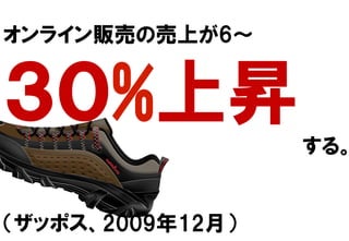 オンライン販売の売上が6～
３０%上昇
　　　　　　　　　　　　　　　　　　　　　する。
（ザッポス、2009年12月）
 