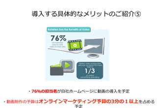 導⼊入する具体的なメリットのご紹介⑤
・76％の担当者が⾃自社ホームページに動画の導⼊入を予定
・動画制作の予算はオンラインマーケティング予算の3分の１以上を占める
予定
 