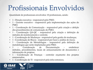 Profissionais Envolvidos
Quantidade de profissionais envolvidos: 10 profissionais, sendo:

•   1 - Direção executiva - responsável pelo PMO;
•   1 - Gerente executivo - responsável pela implementação das ações do
    PMO;
•   1 - Coordenação de Comunicação - responsável pela criação e defição
    dos procedimentos de comunicação do PMO;
•   1 - Coordenação QA-QC - responsável pela criação e definição de
    métodos de monitoramento e controle;
•   1 - Coordenação de Mudanças - responsável pela gestão de mudanças;
•   1 - Coordenação de Riscos - responsável por fazer a análise de riscos;
•   1 - Coordenação de Metodologias - responsável pela definição de
    metodologias que serão implantadas pelo PMO;
•   1      -    Coordenação       de     Documentação        -    estabelecer
    métodos, procedimentos, locais de armazenamento de documentos e
    informações de projetos;
•   1 - Coordenação de Finanças - controlar orçamento dos projetos
    assessorados;
•   1 - Coordenação de TI - responsável pela infra-estrutura;
 
