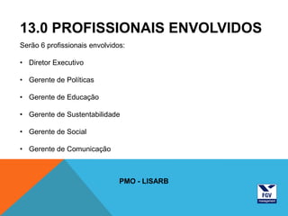 13.0 PROFISSIONAIS ENVOLVIDOS
Serão 6 profissionais envolvidos:

• Diretor Executivo

• Gerente de Políticas

• Gerente de Educação

• Gerente de Sustentabilidade

• Gerente de Social

• Gerente de Comunicação



                               PMO - LISARB
 