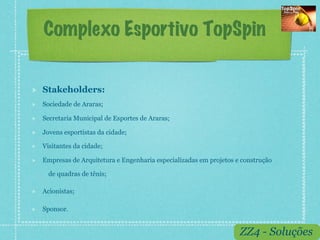 Complexo Esportivo TopSpin


!    Stakeholders:
!    Sociedade de Araras;

!    Secretaria Municipal de Esportes de Araras;

!    Jovens esportistas da cidade;

!    Visitantes da cidade;

!    Empresas de Arquitetura e Engenharia especializadas em projetos e construção

       de quadras de tênis;

!    Acionistas;

!    Sponsor.


                                                                      ZZ4 - Soluções
 