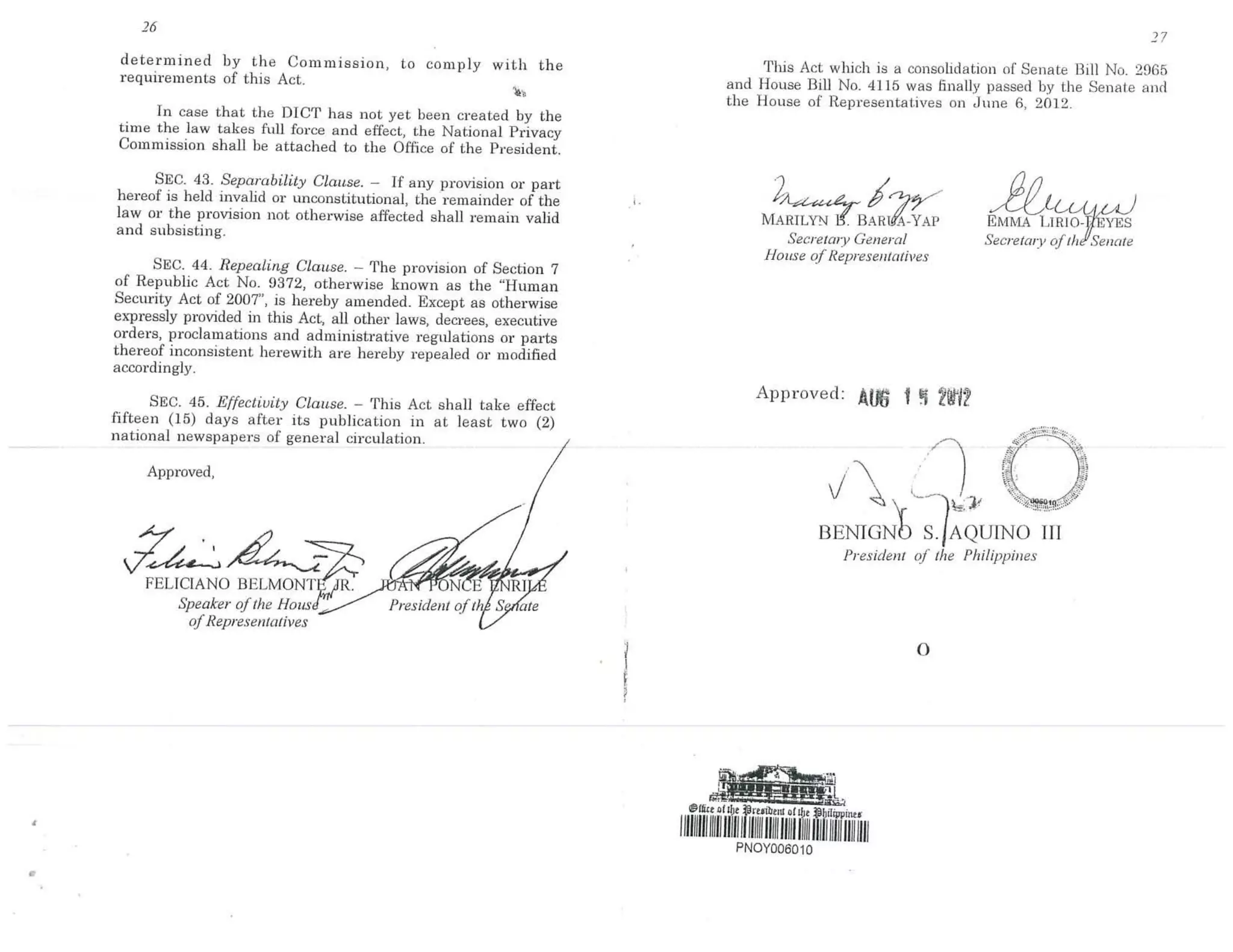 Philippine Republic Act No. 10173 Data Privacy Act of 2012