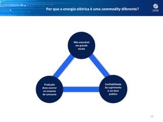 Por que a energia elétrica é uma commodity diferente?




                  Não estocável
                   em grande
                     escala




  Produção                          Confiabilidade
deve ocorrer                        do suprimento
 no instante                          é um bem
de consumo                              público




                                                           12
 
