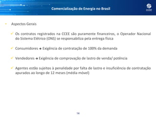 Comercialização de Energia no Brasil


•   Aspectos Gerais

     Os contratos registrados na CCEE são puramente financeiros, o Operador Nacional
      do Sistema Elétrico (ONS) se responsabiliza pela entrega física

     Consumidores  Exigência de contratação de 100% da demanda

     Vendedores  Exigência de comprovação de lastro de venda/ potência

     Agentes estão sujeitos à penalidade por falta de lastro e insuficiência de contratação
      apurados ao longo de 12 meses (média móvel)




                                             14
 