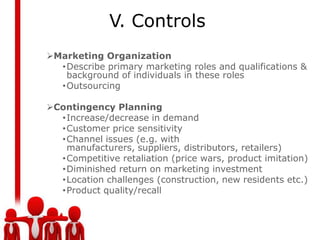 V. Controls
Marketing Organization
  •Describe primary marketing roles and qualifications &
   background of individuals in these roles
  •Outsourcing

Contingency Planning
  •Increase/decrease in demand
  •Customer price sensitivity
  •Channel issues (e.g. with
   manufacturers, suppliers, distributors, retailers)
  •Competitive retaliation (price wars, product imitation)
  •Diminished return on marketing investment
  •Location challenges (construction, new residents etc.)
  •Product quality/recall
 