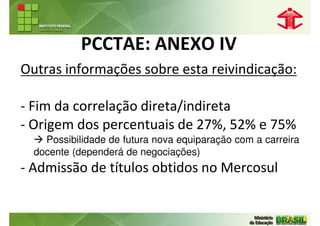 PCCTAE: ANEXO IV
Outras informações sobre esta reivindicação:

- Fim da correlação direta/indireta
- Origem dos percentuais de 27%, 52% e 75%
    Possibilidade de futura nova equiparação com a carreira
  docente (dependerá de negociações)
- Admissão de títulos obtidos no Mercosul
 