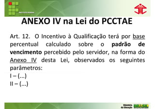ANEXO IV na Lei do PCCTAE
Art. 12. O Incentivo à Qualificação terá por base
percentual calculado sobre o padrão de
vencimento percebido pelo servidor, na forma do
Anexo IV desta Lei, observados os seguintes
parâmetros:
I – (...)
II – (...)
 