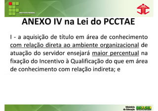 ANEXO IV na Lei do PCCTAE
I - a aquisição de título em área de conhecimento
com relação direta ao ambiente organizacional de
atuação do servidor ensejará maior percentual na
fixação do Incentivo à Qualificação do que em área
de conhecimento com relação indireta; e
 