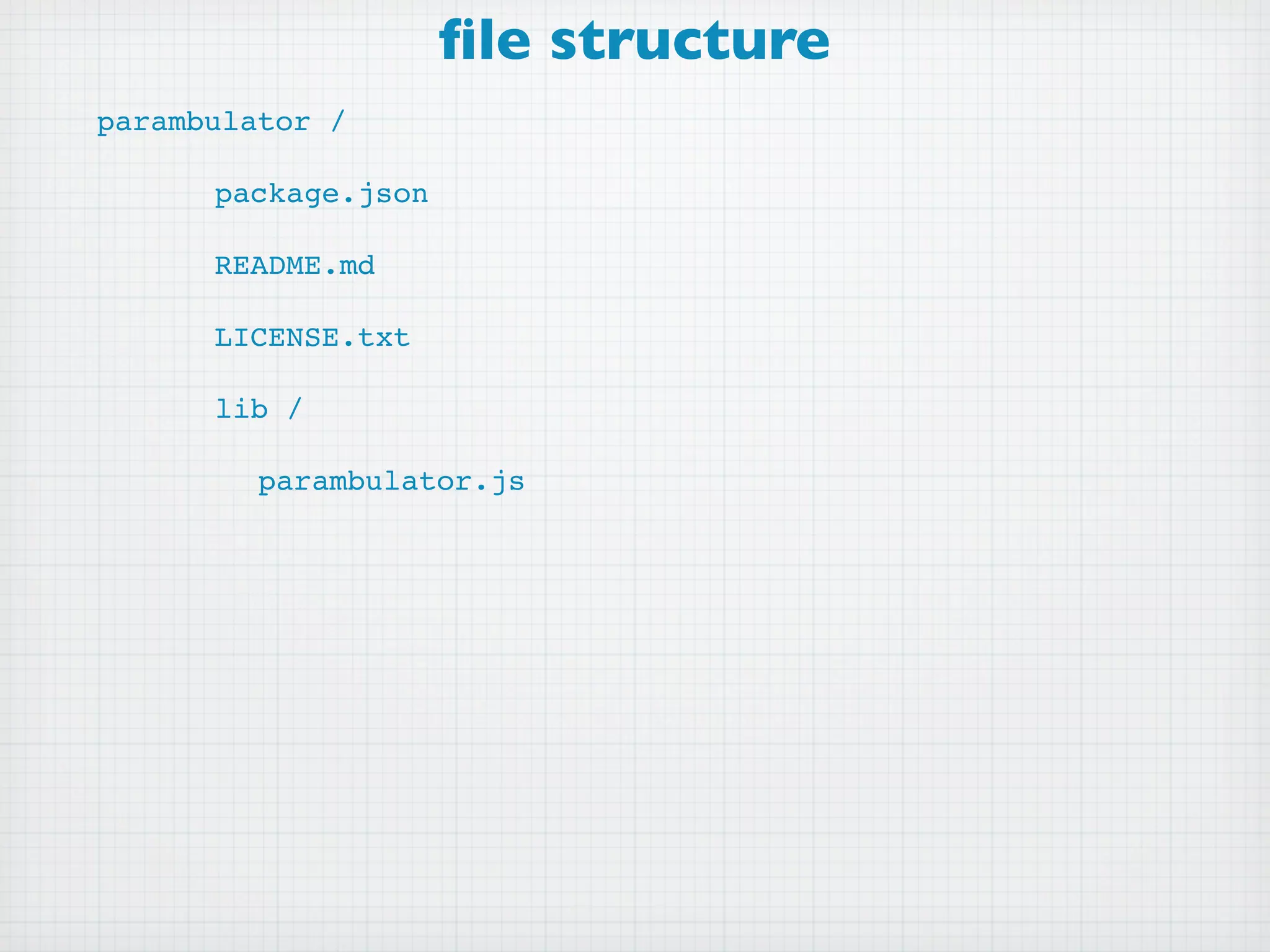ﬁle structure
parambulator /

      package.json

      README.md

      LICENSE.txt

      lib /

         parambulator.js
 