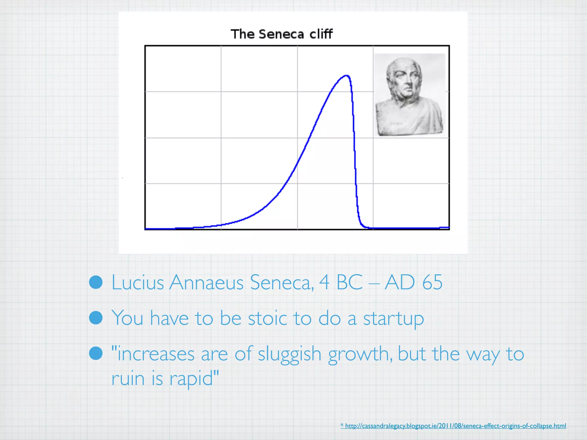 • Lucius Annaeus Seneca, 4 BC – AD 65
• You have to be stoic to do a startup
• "increases are of sluggish growth, but the way to
  ruin is rapid"
                             * http://cassandralegacy.blogspot.ie/2011/08/seneca-effect-origins-of-collapse.html
 