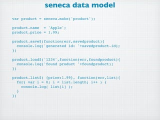 seneca data model
var product = seneca.make('product');

product.name = 'Apple';
product.price = 1.99;

product.save$(function(err,savedproduct){
   console.log('generated id: '+savedproduct.id);
})

product.load$('1234',function(err,foundproduct){
   console.log('found product '+foundproduct);
})

product.list$( {price:1.99}, function(err,list){
   for( var i = 0; i < list.length; i++ ) {
     console.log( list[i] );
   }
})
 
