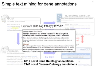 17
Simple text mining for gene annotations

                                          NCBI Entrez Gene: 334



                           Gene Wiki
                           mapping


          Wikilink                           Candidate
                                             assertion

                                          GO:0006897



                           GO exact
                            match
            6319 novel Gene Ontology annotations
            2147 novel Disease Ontology annotations
 