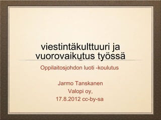 viestintäkulttuuri ja
vuorovaikutus työssä
 Oppilaitosjohdon luoti -koulutus

        Jarmo Tanskanen
            Valopi oy,
       17.8.2012 cc-by-sa
 