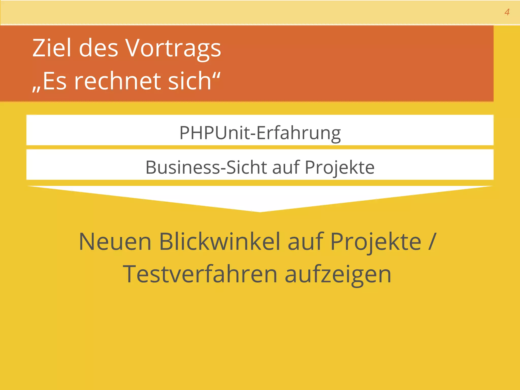 4



Ziel des Vortrags
„Es rechnet sich“

             PHPUnit-Erfahrung
          Business-Sicht auf Projekte



    Neuen Blickwinkel auf Projekte /
       Testverfahren aufzeigen
 