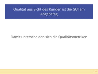 Qualität aus Sicht des Kunden ist die GUI am
                  Abgabetag




Damit unterscheiden sich die Qualitätsmetriken




                                                 14
 