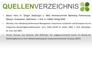 QUELLENVERZEICHNIS
•   Bauer, Hans H., Gregor Stokburger u. Maik Hammerschmidt: Marketing Performance.
    Messen, Analysieren, Optimieren. 1. Aufl. s.l: Gabler Verlag 2006.

•   Reinecke, Sven: Marketing Performance Management. Empirisches Fundament und Konzeption für ein
    integriertes Marketingkennzahlensystem. Univ., Habil.-Schrift--St. Gallen, 2003. 1. Aufl. Wiesbaden:
    Dt. Univ.-Verl 2007.

•   Torsten Tomczak, Sven Reinecke, Silke Mühlmeier: Der aufgabenorientierte Ansatz. Ein Beitrag der
    Marketingtheorie zu einer Weiterentwicklung des ressourcenorientierten Ansatzes (2007).
 