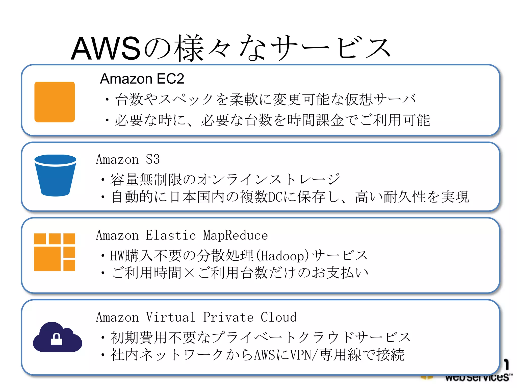 AWSの様々なサービス
Amazon EC2
・台数やスペックを柔軟に変更可能な仮想サーバ
           1
・必要な時に、必要な台数を時間課金でご利用可能

Amazon S3
           1
・容量無制限のオンラインストレージ
・自動的に日本国内の複数DCに保存し、高い耐久性を実現

Amazon Elastic MapReduce
・HW購入不要の分散処理(Hadoop)サービス
                      1
・ご利用時間×ご利用台数だけのお支払い


Amazon Virtual Private Cloud
・初期費用不要なプライベートクラウドサービス 1
・社内ネットワークからAWSにVPN/専用線で接続
                               17
 