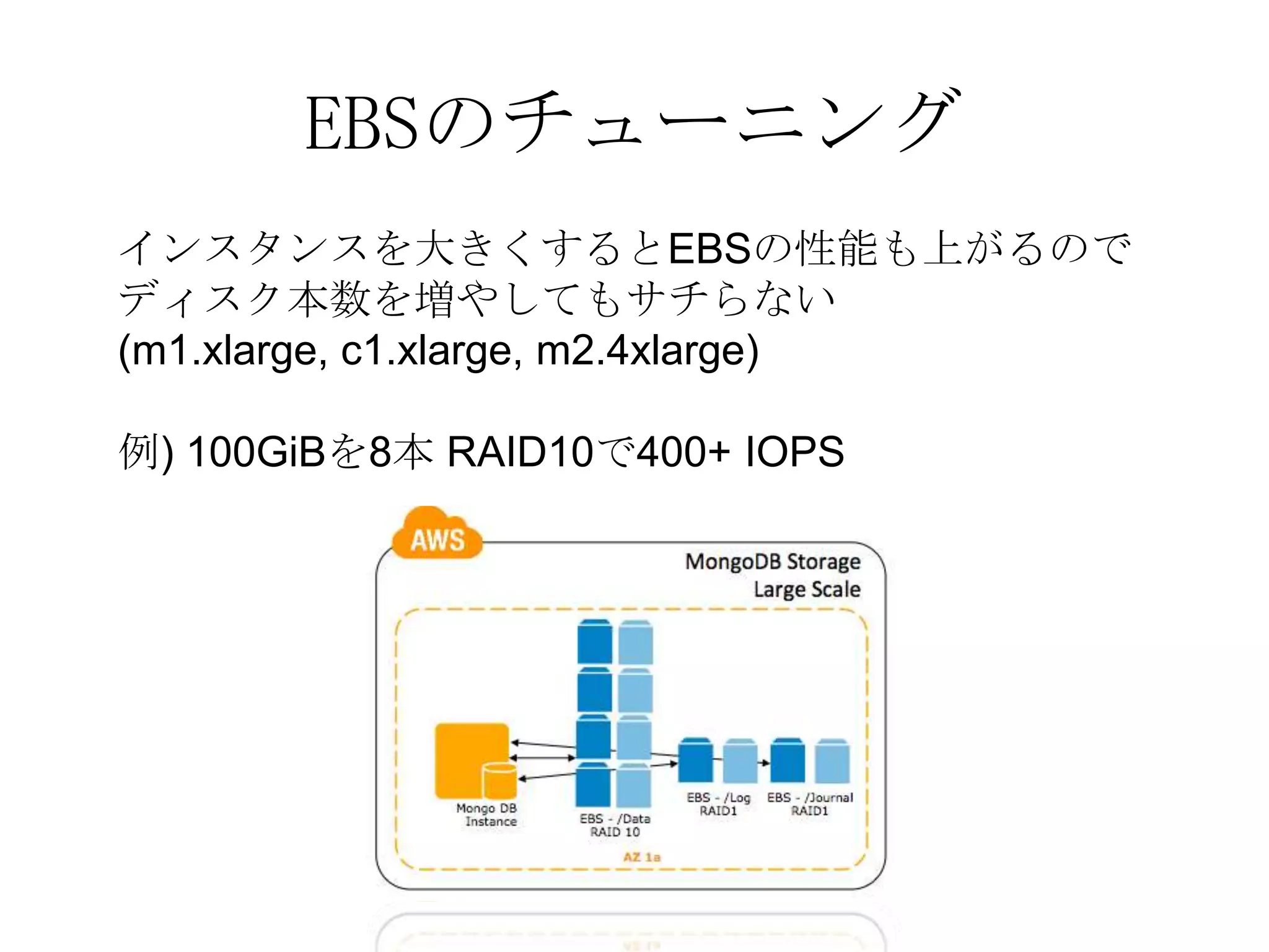 EBSのチューニング
インスタンスを大きくするとEBSの性能も上がるので
ディスク本数を増やしてもサチらない
(m1.xlarge, c1.xlarge, m2.4xlarge)

例) 100GiBを8本 RAID10で400+ IOPS
 
