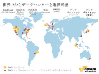 世界中からデータセンターを選択可能
 GovCloud          米国西部          米国東部           南米          EU西部        アジア            アジア
                                                            (Dublin)
(US ITAR Region)   (Northern     (Northern    (Sao paulo)              パシフィック        パシフィック
                   California)    Virginia)
                                                                       (Singapore)    （東京）




       AWS リージョン
       AWS エッジロケ―ション: コンテンツデリバリーネットワーク
 