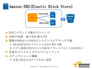 EBS   Amazon EBS(Elastic Block Store)
                          /dev/xvdf
                                          EBS
                EC2                                    S3

                           /dev/xvdg EBS



      EC2にマウント可能なストレージ
      1EBSの容量 最小1GB-最大1TB
      複数のEBSを1つのEC2インスタンスにアタッチ可能
       EBSを別のEC2にマウントしなおす事も可能
       ただし複数のEC2から1つのEBSをマウントすることは出来ない
      任意のファイルシステムでフォーマット
      スナップショット機能
       任意の時点の全データをS3へ保管

                Copyright © 2012 Amazon Web Services
 