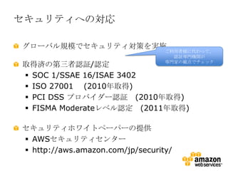 セキュリティへの対応

グローバル規模でセキュリティ対策を実施
                                  ご利用者様に代わって、
                                    認証専門機関が
                                  専門家の観点でチェック
取得済の第三者認証/認定
 SOC 1/SSAE 16/ISAE 3402
 ISO 27001 (2010年取得)
 PCI DSS プロバイダー認証 (2010年取得)
 FISMA Moderateレベル認定 (2011年取得)

セキュリティホワイトペーパーの提供
 AWSセキュリティセンター
 http://aws.amazon.com/jp/security/
 