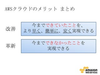 AWSクラウドのメリット まとめ


       今までできていたことを、
改善   より早く、簡単に、安く実現できる

      今までできなかったことを
革新       実現できる
 