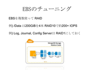 EBSのチューニング
EBSを複数使って RAID

例) /Data は200GiBを4本 RAID10で約200+ IOPS

例) Log, Journal, Config Serverは RAID1にしておく
 