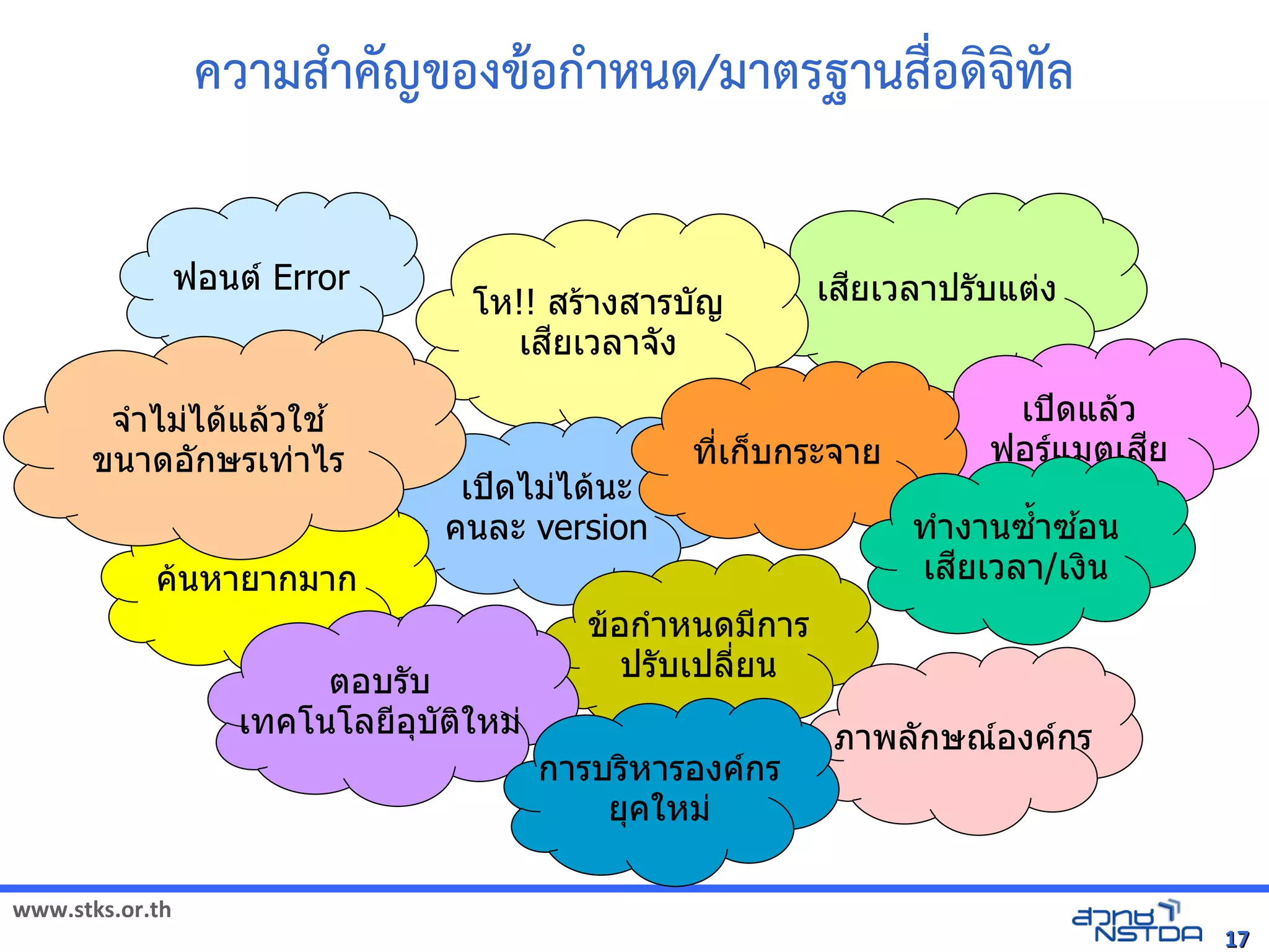 ความส3าคญของขอก3าหนดิจิทัลด้วย Drupal/มาตรฐานสMอดิจิทัลด้วย Drupalจิทัลด้วย Drupal`ทัลด้วย Drupal`ลังเอกสารด

                 ฟอนต่ง8 Error                                                                              เสยเวลาปรับแต่งบแต่ง8ง
                                                         โห!! สรับแต่งางสารับแต่งบญ
                                                            เสยเวลาจังꭔՕ0ง

       จังꭔՕ0.าไมไดแลวใช                                                                                                                     เปดแลว
      ขนาดอกษรับแต่งเทาไรับแต่ง                                                            ท,เก-บกรับแต่งะจังꭔՕ0าย                 ฟอรับแต่งแมต่ง8เสย
                                                      เปดไมไดนะ
                                                     คนละ version                                                                  ท.างานซ.0าซอน
             คนหายากมาก                                                                                                            เสยเวลา/เงน
                                                                            ขอก.าหนดมการับแต่ง
                              ต่ง8อบรับแต่งบ                     ปรับแต่งบเปล,ยน
                         เทคโนโลยอ3บต่ง8ใหม                                                                   ภาพลกษณ์องค์กรองคกรับแต่ง
                                                                  การับแต่งบรับแต่งหารับแต่งองคกรับแต่ง
                                                                               ย3คใหม

www.stks.or.th
                                                                                                                                                                                 17
 