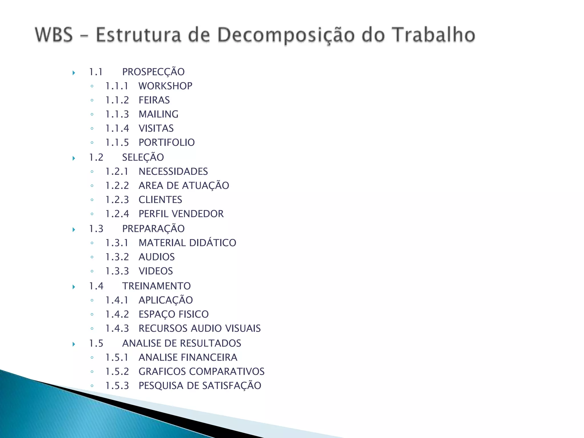    1.1   PROSPECÇÃO
    ◦ 1.1.1 WORKSHOP
    ◦ 1.1.2 FEIRAS
    ◦ 1.1.3 MAILING
    ◦ 1.1.4 VISITAS
    ◦ 1.1.5 PORTIFOLIO
   1.2   SELEÇÃO
    ◦ 1.2.1 NECESSIDADES
    ◦ 1.2.2 AREA DE ATUAÇÃO
    ◦ 1.2.3 CLIENTES
    ◦ 1.2.4 PERFIL VENDEDOR
   1.3   PREPARAÇÃO
    ◦ 1.3.1 MATERIAL DIDÁTICO
    ◦ 1.3.2 AUDIOS
    ◦ 1.3.3 VIDEOS
   1.4   TREINAMENTO
    ◦ 1.4.1 APLICAÇÃO
    ◦ 1.4.2 ESPAÇO FISICO
    ◦ 1.4.3 RECURSOS AUDIO VISUAIS
   1.5   ANALISE DE RESULTADOS
    ◦ 1.5.1 ANALISE FINANCEIRA
    ◦ 1.5.2 GRAFICOS COMPARATIVOS
    ◦ 1.5.3 PESQUISA DE SATISFAÇÃO
 