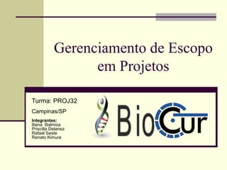 Gerenciamento de Escopo
                 em Projetos

Turma: PROJ32
Campinas/SP
Integrantes:
Iliana Balmiza
Priscilla Delanez
Rafael Seste
Renato Kimura
 