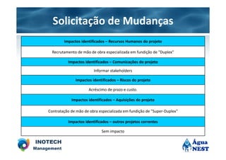 Solicitação de Mudanças
        Impactos identificados – Recursos Humanos do projeto

  Recrutamento de mão de obra especializada em fundição de "Duplex"

          Impactos identificados – Comunicações do projeto

                        Informar stakeholders

              Impactos identificados – Riscos do projeto

                     Acréscimo de prazo e custo.

            Impactos identificados – Aquisições do projeto

Contratação de mão de obra especializada em fundição de "Super-Duplex"

          Impactos identificados – outros projetos correntes

                            Sem impacto
 