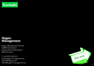 Kontakt




Hagen Management GmbH
CAMPUS Dornbirn
Hintere Achmühlerstraße 1
6850 Dornbirn

T +43 5572 401 011
www.hagen-management.at
www.PM-Blog.com
office@hagen-management.at
                             11
 